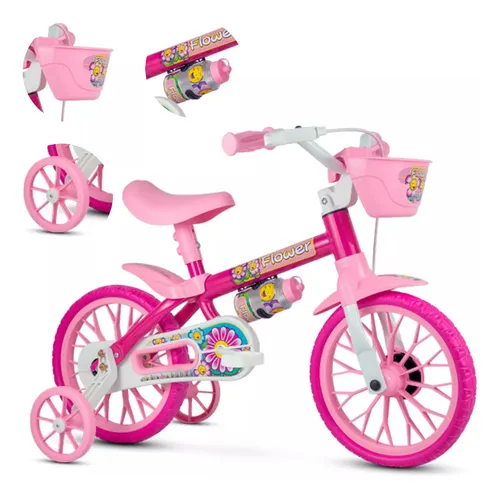 BICICLETA ARO 12 FEM FLOWERS MOD NOVO ROSA NATHOR